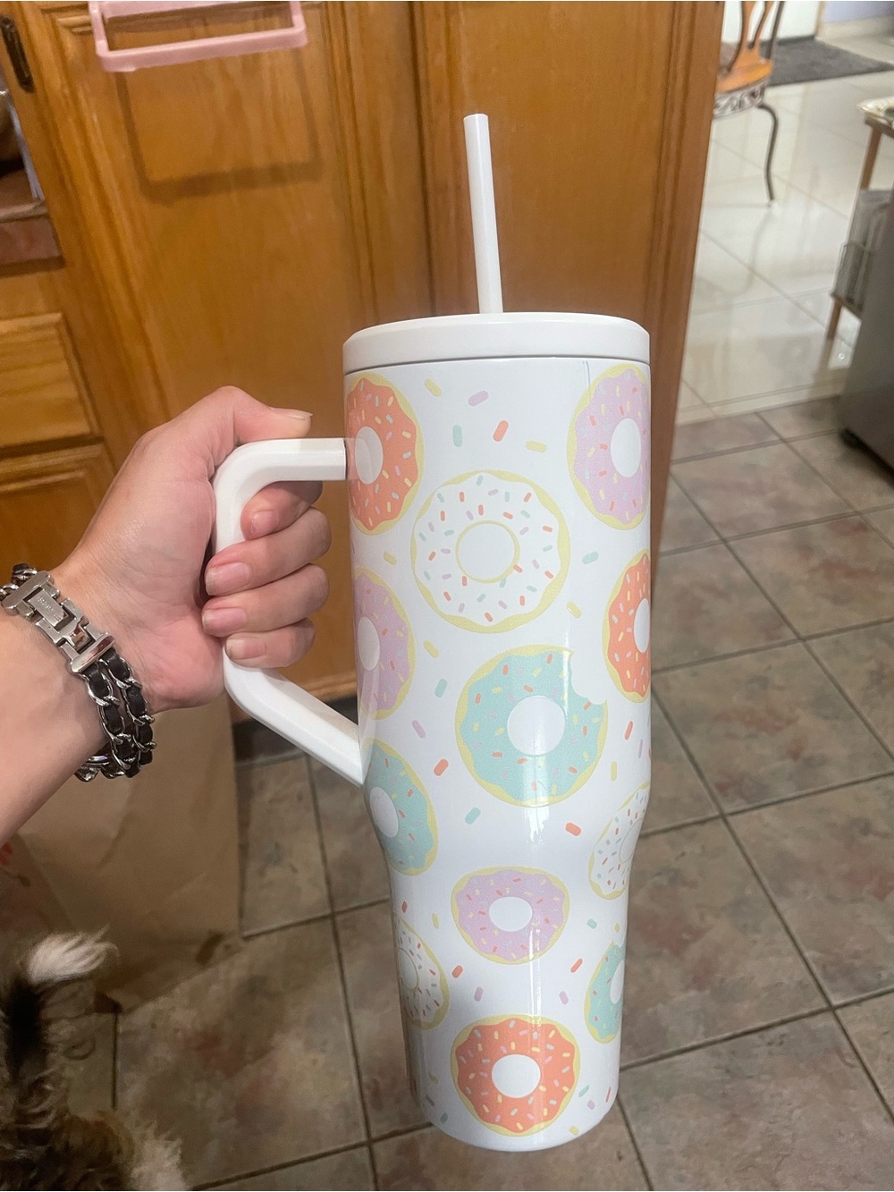 Donut Pattern White Travel Tumbler with Handle and Straw